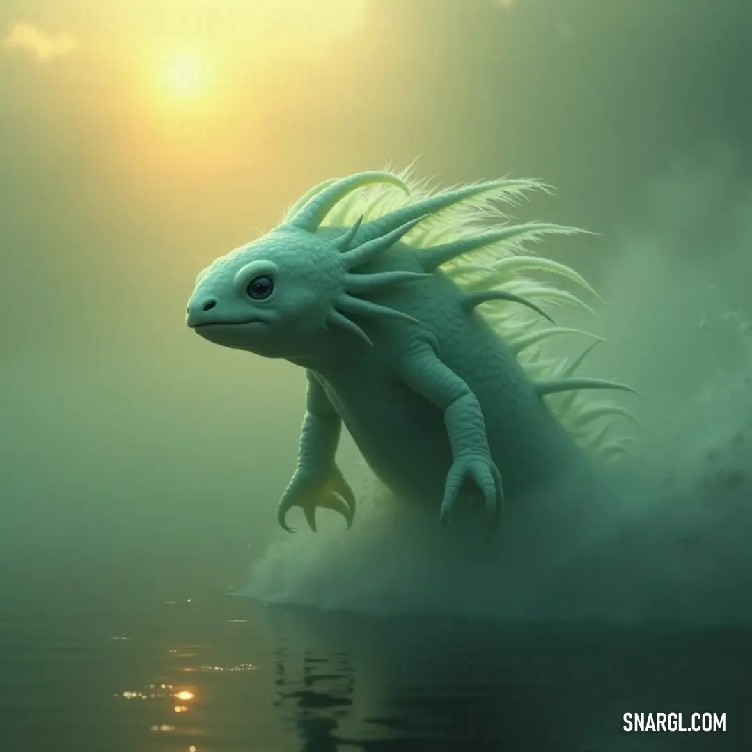 A lively Green Axolotl effortlessly glides through its water habitat, its curled tail a testament to its curious nature and grace. A vibrant Green Axolotl gracefully floats in the water, its tail curled up while its inquisitive eyes study the surroundings. The aquatic setting highlights its playful yet serene demeanor, a true marvel of nature.