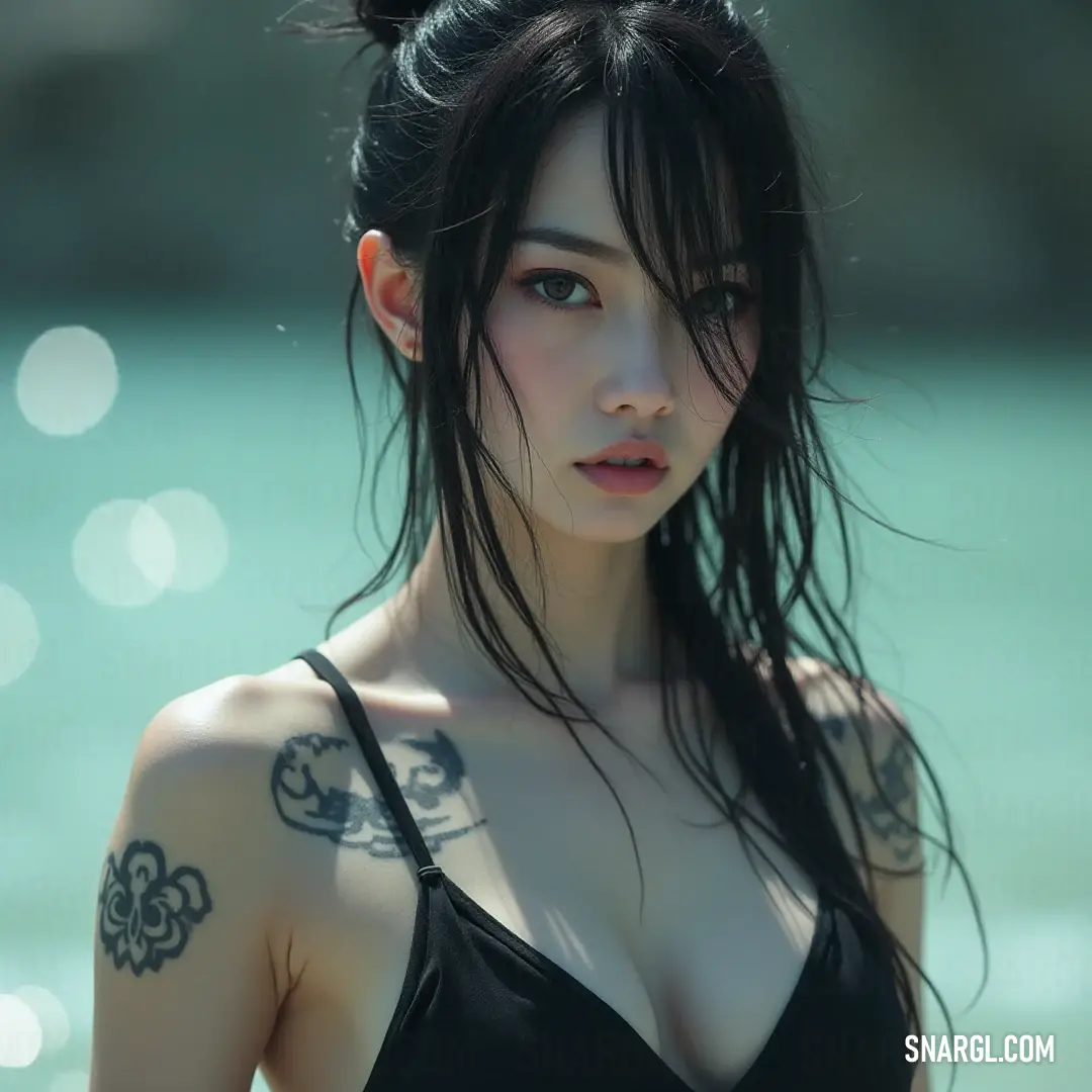 A young woman with a black headpiece stands in tranquil water, her tattoos revealing the story of her identity and strength against a peaceful backdrop. In a reflective moment, a young woman wearing a black headpiece stands in water, where her arm and chest tattoos tell a story of identity. The stillness of the water mirrors her calm demeanor amidst her intricate details and surroundings.