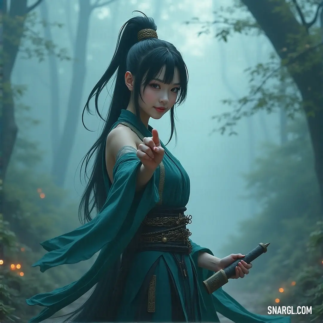 A warrior in a green dress holds her sword high, surrounded by the enchanting glow of a forest, ready for whatever challenges lie ahead. A woman in a vibrant green dress, her sword poised for battle, stands amidst a magical forest, illuminated by soft, ethereal lights, the trees around her casting mysterious shadows. Her expression is one of strength and determination.