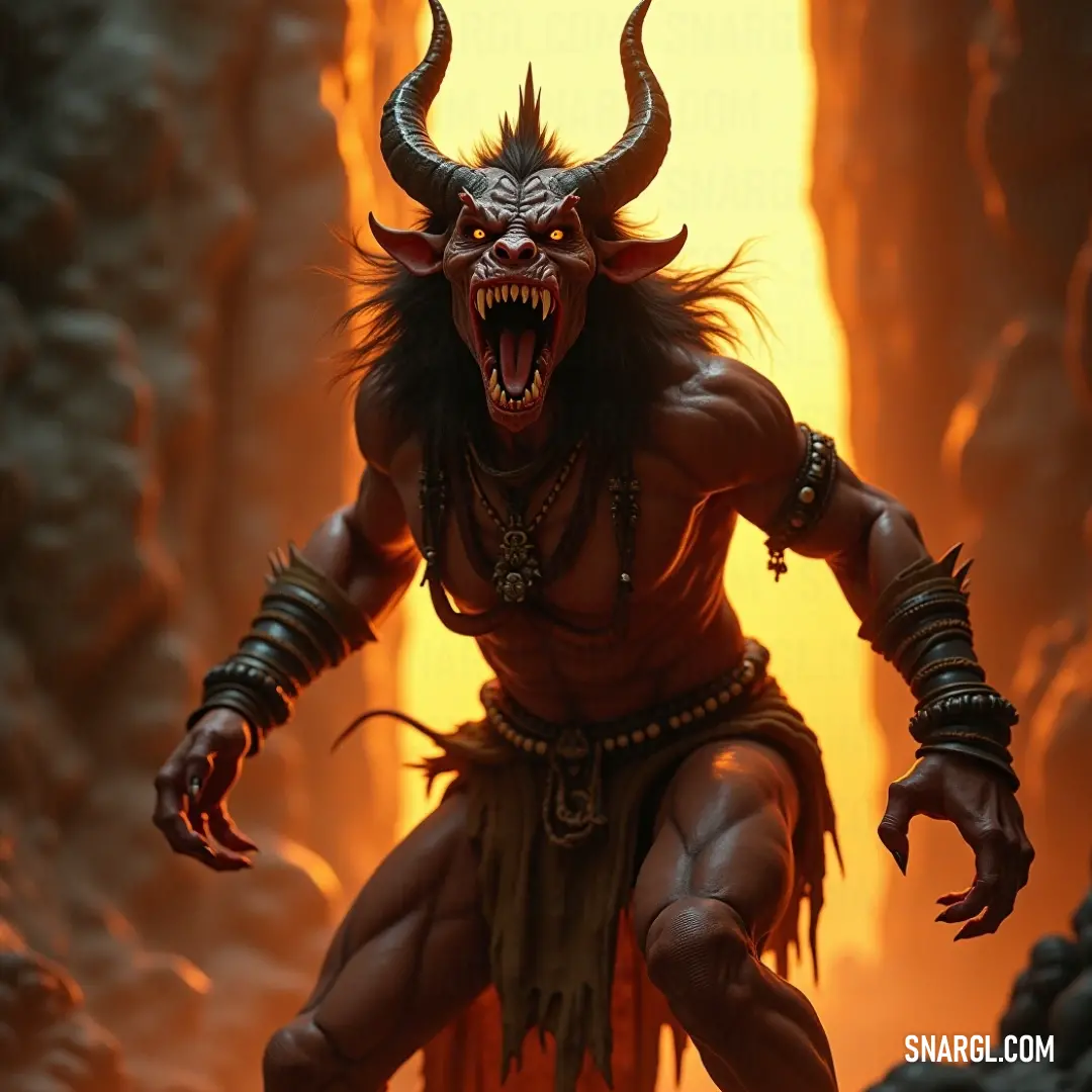 A fearsome demon with vast horns and an oversized head looms ominously within the dark confines of a cave, the shadows around him amplifying his imposing presence. A fearsome demon with vast horns and an oversized head looms ominously within the dark confines of a cave, the shadows around him amplifying his imposing presence.