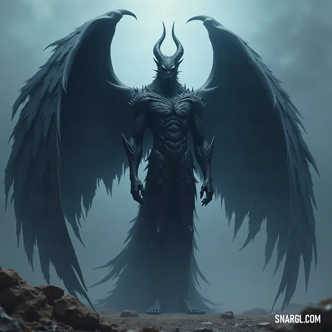 Demonic Azael, with expansive wings, commanding presence amidst fog and rocky terrain. Demonic Azael, with his massive wings unfurled, stands resolutely in a fog-laden area dotted with jagged rocks. His commanding presence captivates the scene, as he embodies the essence of chaos and power within the mist.