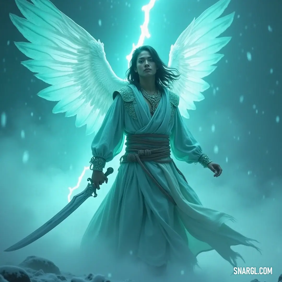 Azael, the winged warrior, standing amidst snow and lightning, wielding a powerful sword. Azael, a striking figure with formidable wings, is positioned in a snowy landscape, holding a majestic sword. Lightning crackles in the distance, illuminating the sky, while the dramatic backdrop amplifies his aura of strength and valor.