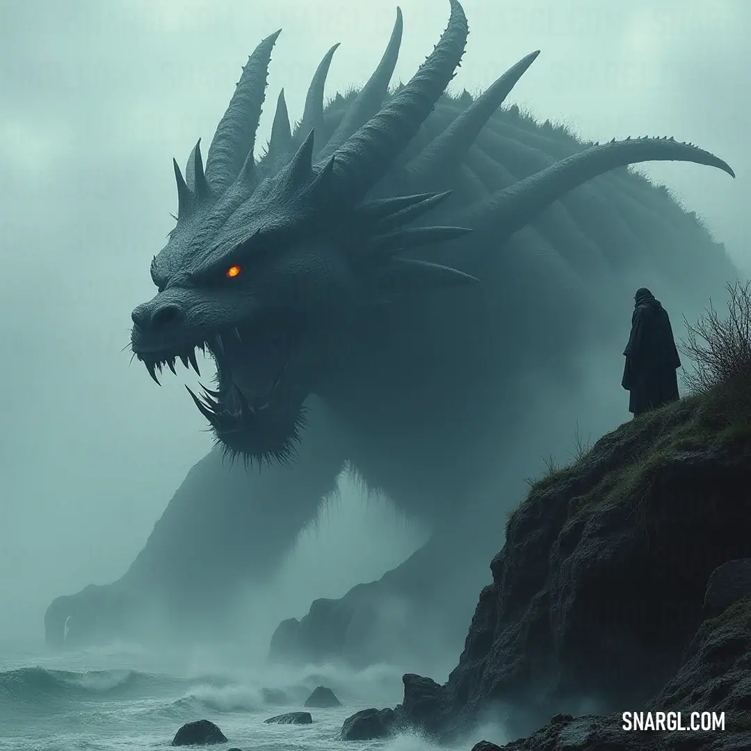 A gigantic beast with eyes that flicker like embers stands on a rugged cliff, surrounded by a couch of fog and ocean whispers, embodying the essence of awe-inspiring natural majesty. A colossal creature towers majestically on a fog-enveloped rocky cliff, its glowing eyes peering into the misty abyss, capturing the raw power and mystery of nature's wonders in a mesmerizing scene.