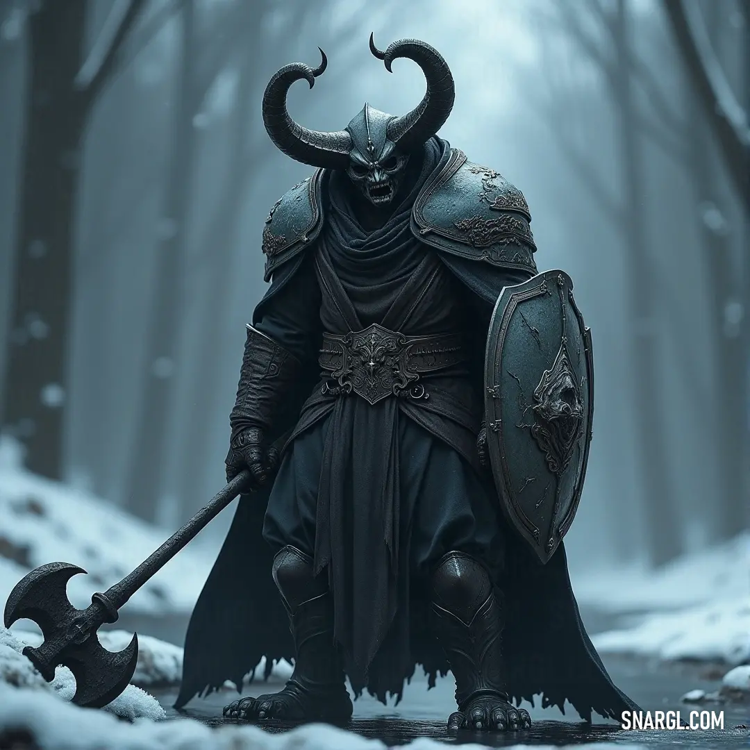 Azazel, in full horned armor, holds a mighty sword in one hand and a sturdy shield in the other, standing resolutely in a snowy forest. Tall trees and a misty atmosphere give the scene a sense of foreboding and isolation.