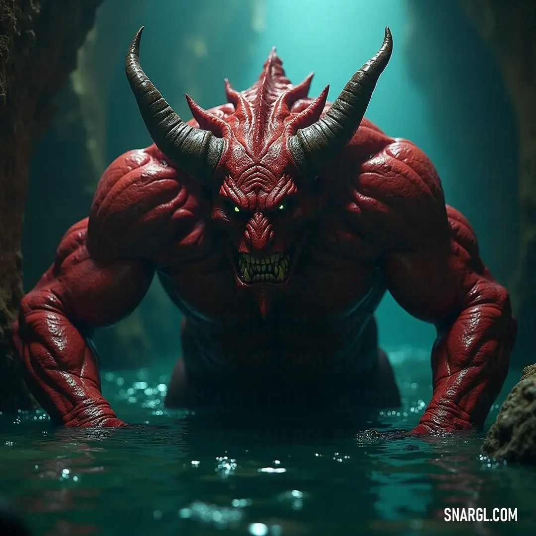 A striking Red Azazel with formidable horns and a grand head stands amidst a tranquil body of water adorned with rugged rocks, radiating a captivating and fearsome presence in nature.