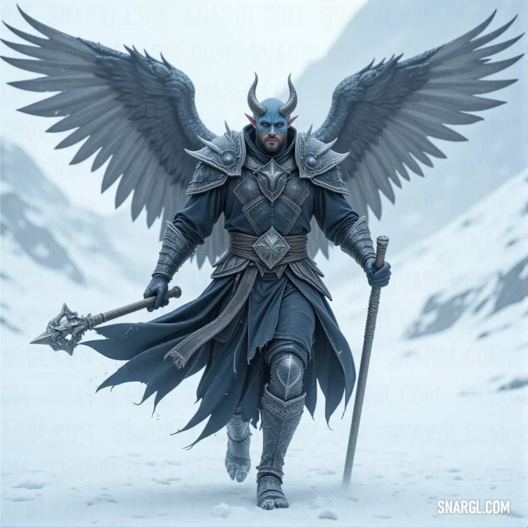 A winged warrior with a sword strides through the snow, a bird perched on his shoulder, as others appear faintly in the distance. A strong figure with mighty wings holds a sword as he walks through a snowy terrain, a large bird resting on his shoulder, while a group of figures stands in the distance, their forms barely visible through the falling snow.