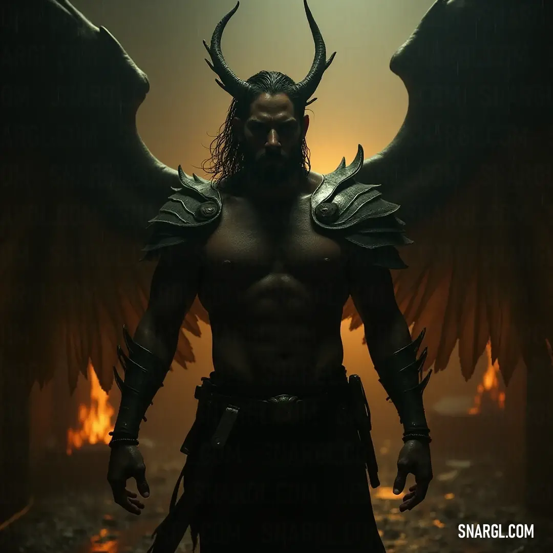 A mesmerizing scene of Azazel dressed in a formidable outfit, his large wings poised in luminous brilliance within a dark room, highlighting the contrast of light against his shadowy form. In a dimly lit chamber, Azazel, clad in a striking demon-like outfit, stands proud and powerful, his large wings caught in a dramatic interplay of bright light and shadow.