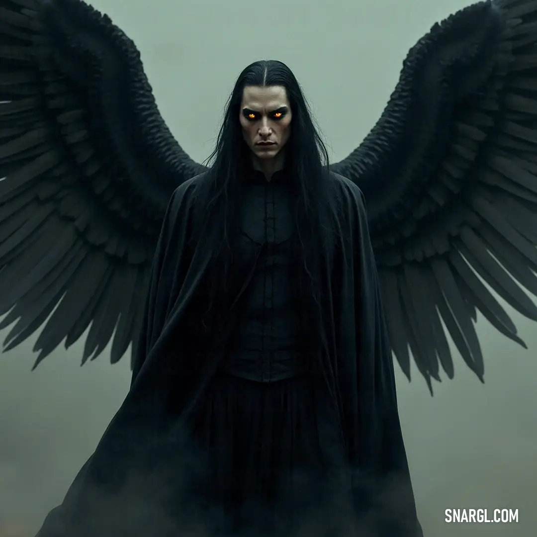 A striking figure with black hair and a dark coat, featuring grand wings that create an imposing silhouette against an enigmatic backdrop. A striking figure boasts sleek black hair and a dark coat, adorned with impressive wings that drape elegantly over their shoulders, creating a powerful silhouette against a mysterious backdrop.