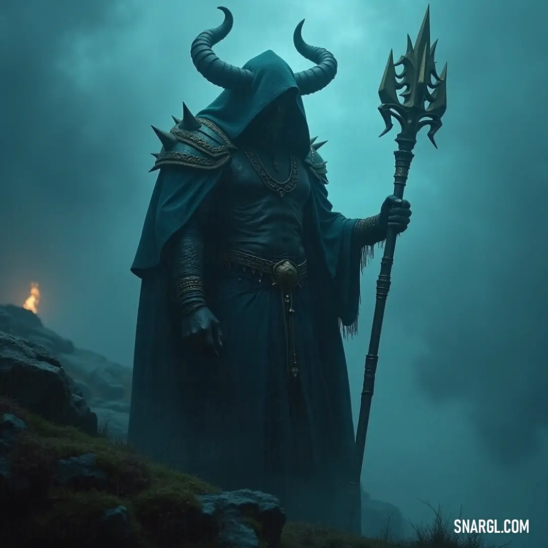 A formidable character adorned in a striking horned attire, wielding a blazing staff, perpetuating an intense atmosphere of magic and darkness. A towering figure draped in a magnificent horned costume, gripping a fiery staff that illuminates the dark surroundings, exuding an aura of power and menace in a mystical realm.