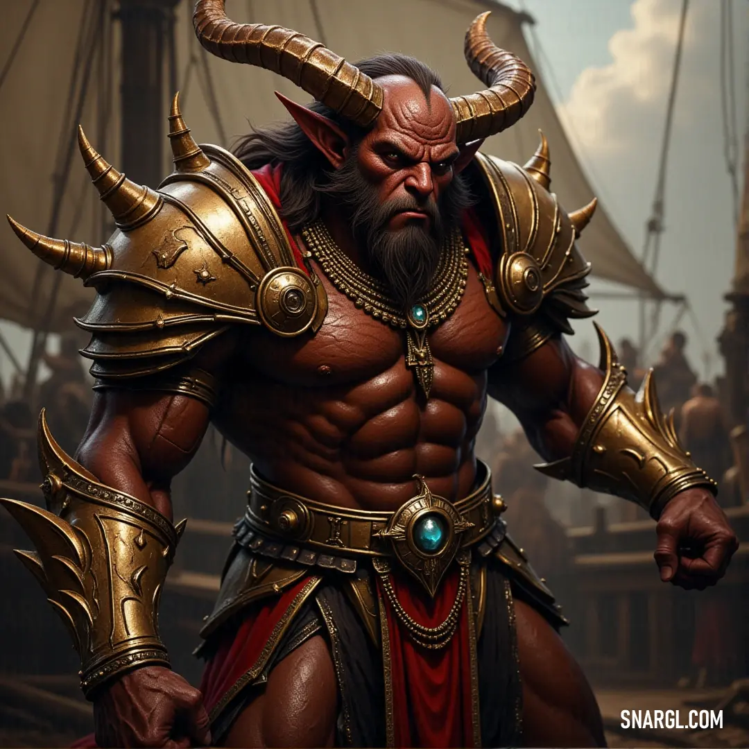 Azmodan, his beard and horns marking his demonic nature, stands tall in the desert, his gaze fierce and unwavering, a herald of destruction ready to dominate the wasteland. Azmodan, with a menacing beard and twisted horns, stands cloaked in the garb of a demonic overlord. His presence exudes strength and malice as he gazes over the desolate lands before him, a true force of darkness.