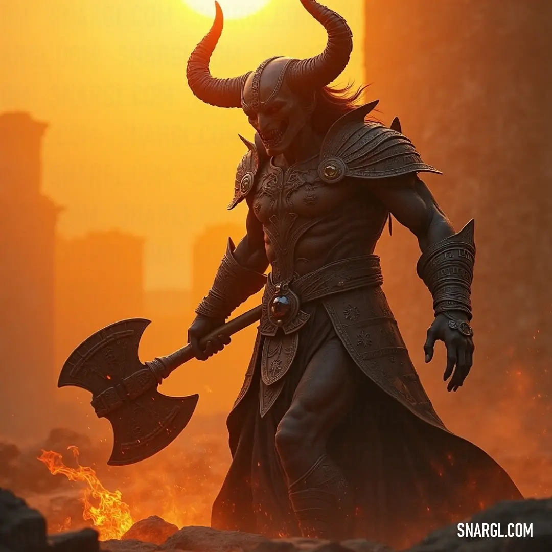 Azmodan stands formidable, his axe raised high, with the glowing sun casting an eerie light on his demonic form. Azmodan, a towering demon with an enormous horned head, clutches a massive axe. The fiery glow of a distant sun illuminates his fierce expression as his powerful silhouette looms in the darkened landscape.