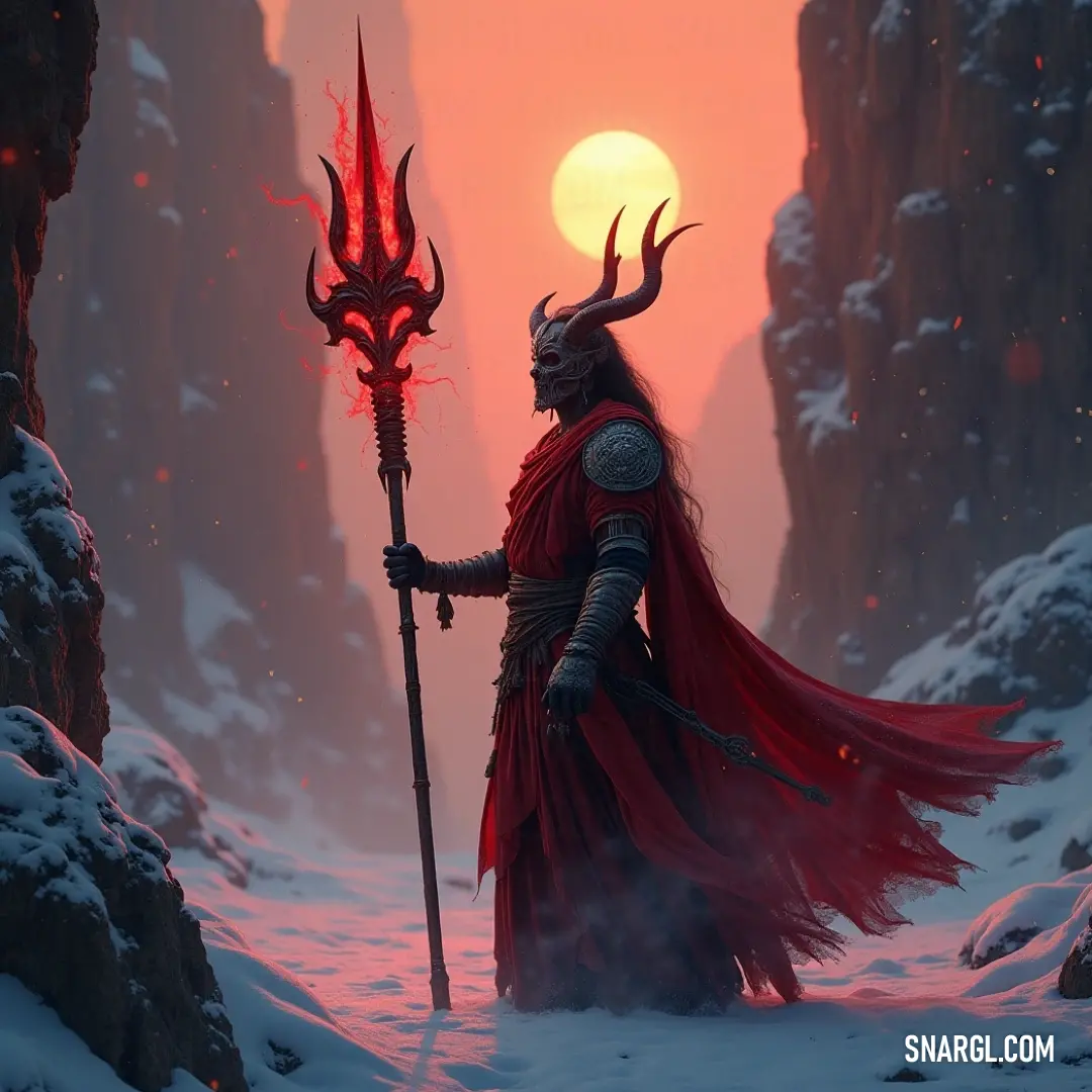 Azmodan, shrouded in crimson, holds a red staff, a manifestation of authority against the tranquil backdrop of snow and sunlight. Azmodan, draped in a fierce red cloak, commands the snowy landscape with a formidable staff. The sun casts a warm glow, illuminating the scene with a paradoxical serenity, embodying power amid harsh elements.