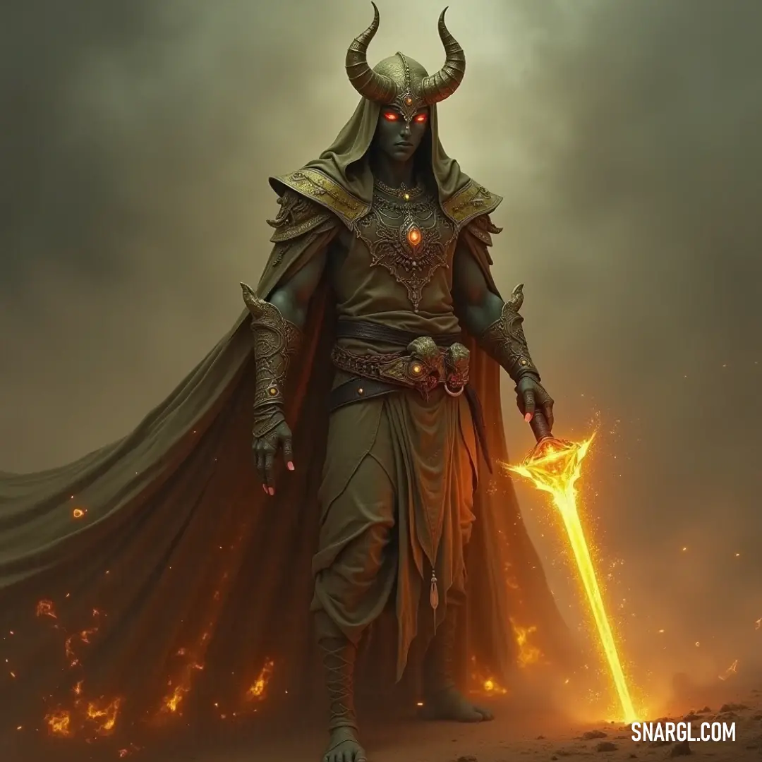 A formidable figure in a horned costume brandishing a sword in a flickering desert landscape with flames. A formidable figure clad in a striking horned costume wields a gleaming sword, standing defiantly in a sun-scorched desert landscape, with vibrant flames flickering ominously in the background, hinting at the fierce battle ahead.