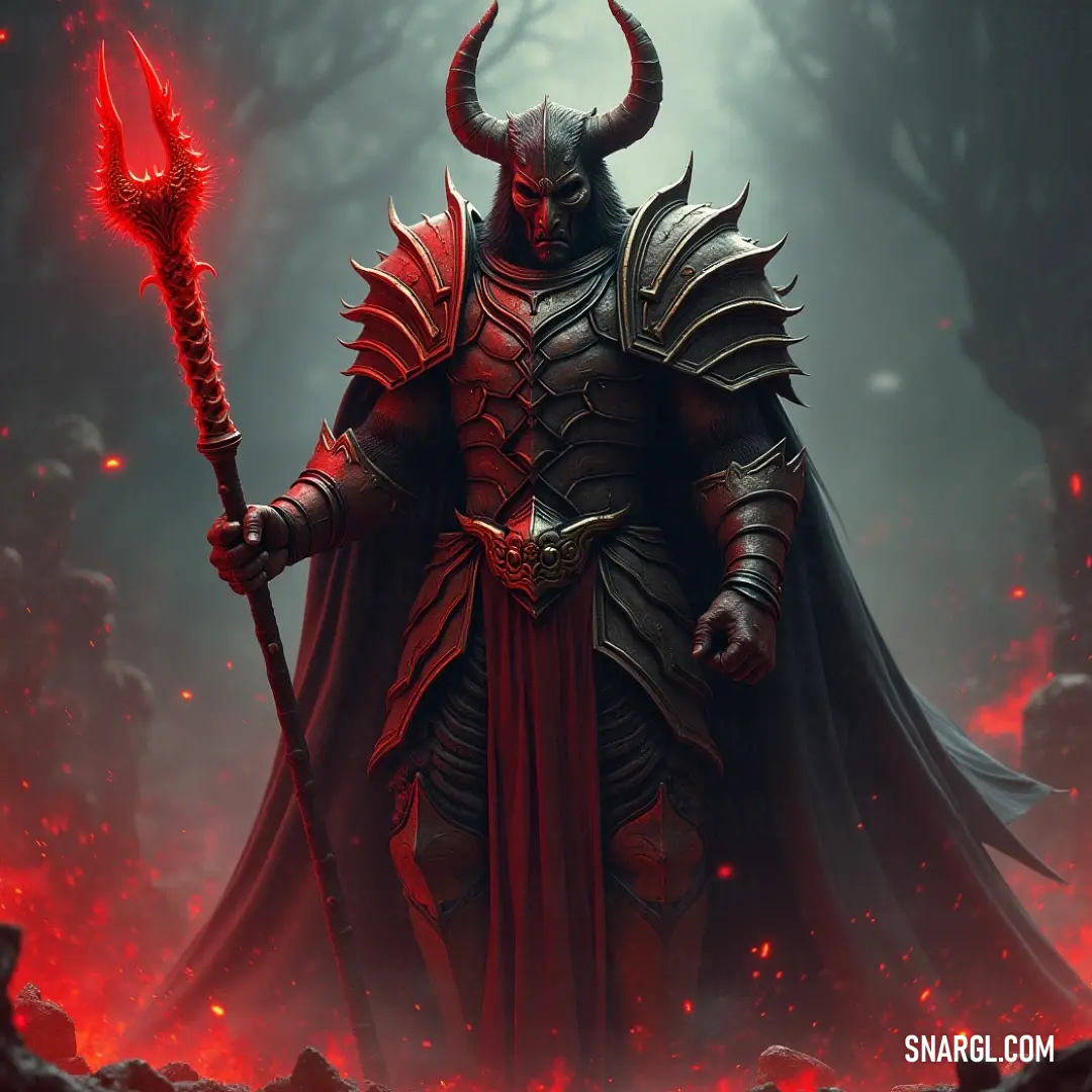 An awe-inspiring warrior in red, wielding a horned axe, exuding power and ferocity. An imposing figure clad in rich red attire grips a massive horned axe, complemented by a fearsome demon-like head and tail. The vivid colors and dramatic pose suggest a battle-ready character, commanding respect and instilling fear among foes.