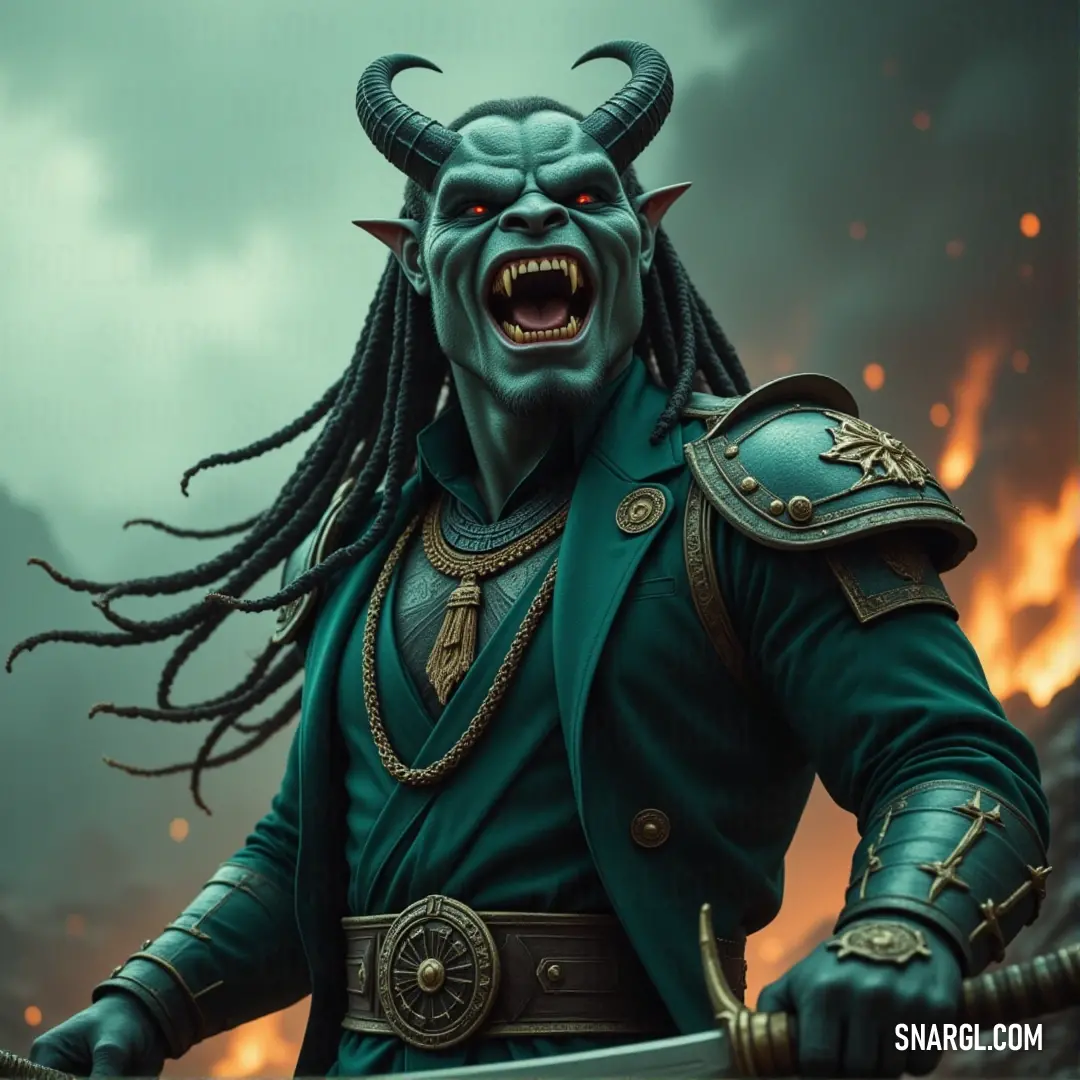 Azmodan, a formidable warrior with dreadlocks and a green armored outfit, grips his sword confidently. His chest bears the symbol of a demon face, amplifying his intense, commanding presence. Azmodan, with flowing dreadlocks and a fierce green outfit, stands powerful with a sword in hand. A menacing demon face is emblazoned on his chest, making this warrior an embodiment of strength and dark energy.