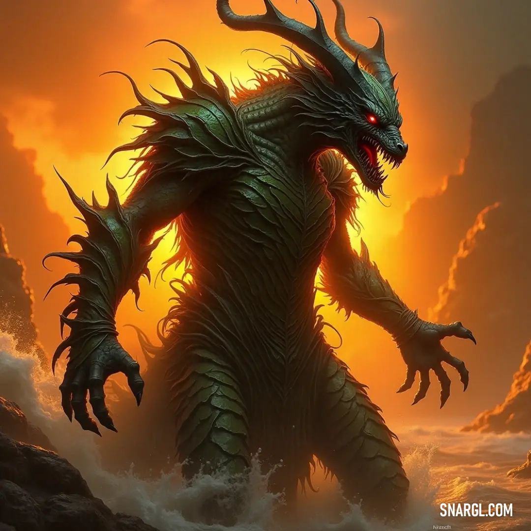 Azoth, with glowing red eyes, stands in the water as the sun sets behind a boat in the distance, casting a surreal and tranquil atmosphere. Azoth, a mysterious figure with piercing red eyes, stands knee-deep in calm water, gazing toward the horizon where a faintly silhouetted boat drifts against the backdrop of a fiery sunset.