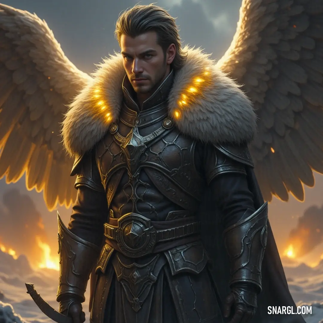 Azrael, the angel of transition, exhibits reverence with his sword and wings, fulfilling his role as a guide, reflecting both strength and compassion in the realm of souls. Azrael stands distinguished, wings adorned, brandishing a shimmering sword that reflects the light. His presence commands respect and embodies the balance between strength and compassion, guiding souls with unwavering dedication.