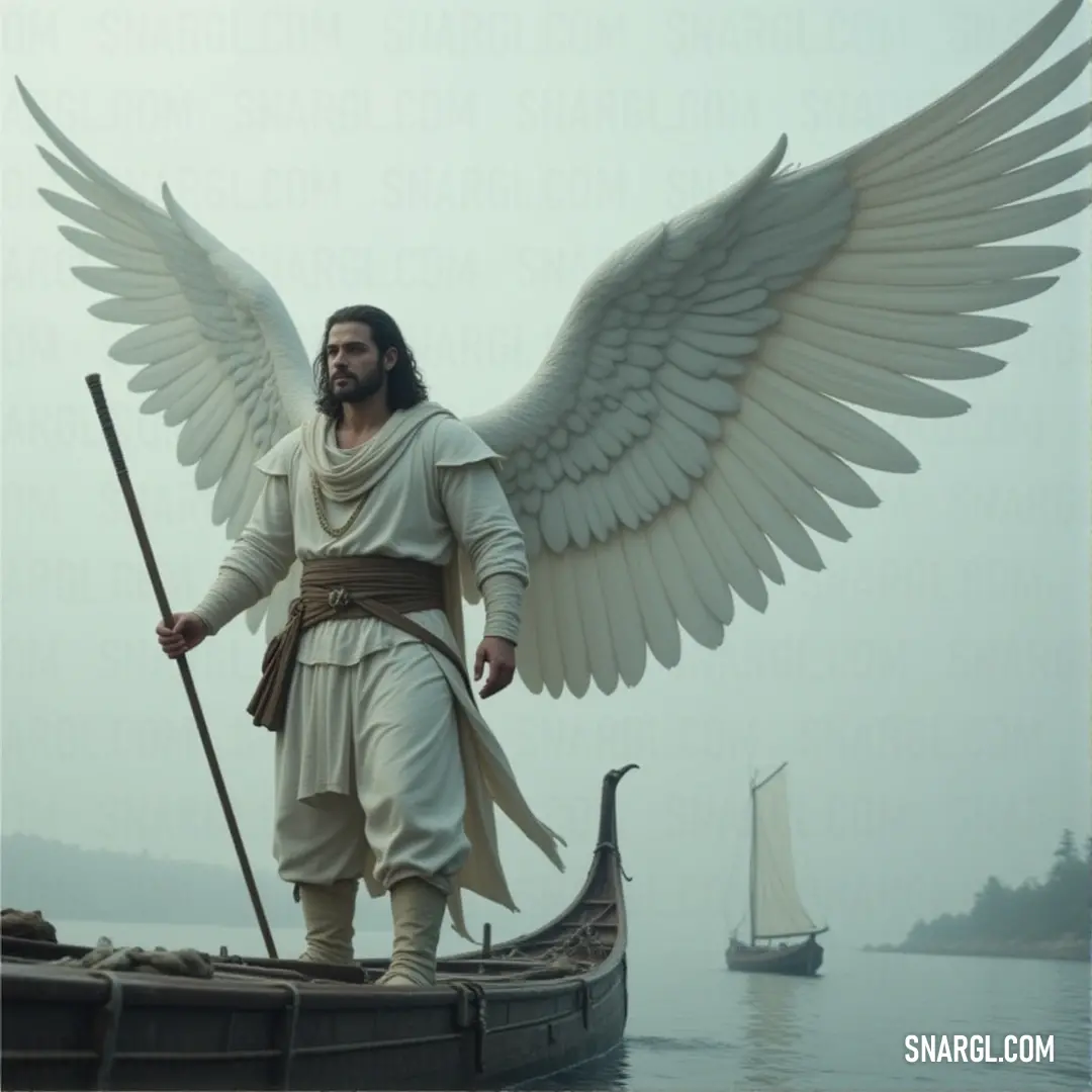 A majestic figure with wings stands on a boat, the tranquil water and distant sailboat creating a serene backdrop. A serene and powerful figure with wings stands upon a boat, gliding across calm waters. In the distance, a sailboat drifts lazily in the breeze, as the figure surveys the peaceful scene, exuding both calm and strength.