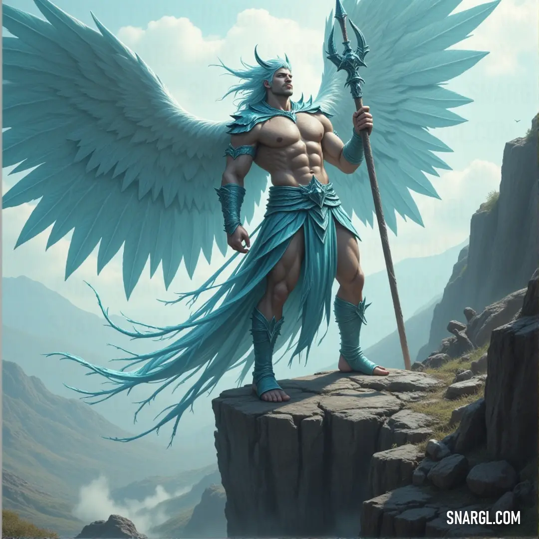 Azrael, with powerful blue wings, stands on a cliff, spear in hand, overlooking a vast mountain landscape. Azrael stands boldly atop a rugged cliff, with large, majestic blue angel wings stretching behind him. Holding a spear, he gazes out over a distant mountain range, exuding strength and grace.