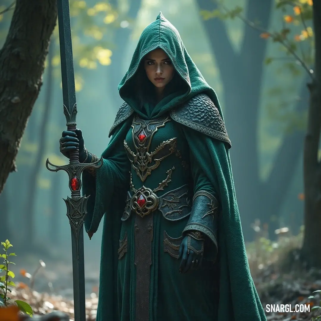 A brave explorer in a green outfit, brandishing a sword, venturing through a magical forest filled with towering trees. Dressed in enchanting green, a courageous character wields a sharp sword, navigating through a mystical forest, surrounded by grand trees whispering ancient secrets.