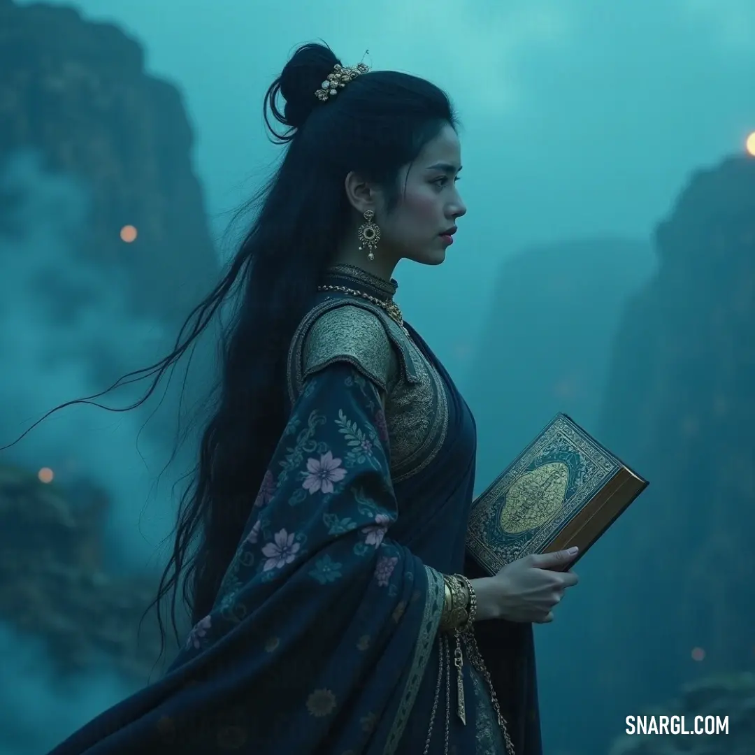 A thoughtful figure in a blue dress, holding an ancient book, gazing towards an inspiring mountain vista. Clad in a flowing blue dress, a reflective figure holds a weathered book, poised against a majestic mountain backdrop, embodying knowledge and adventure in her gaze.