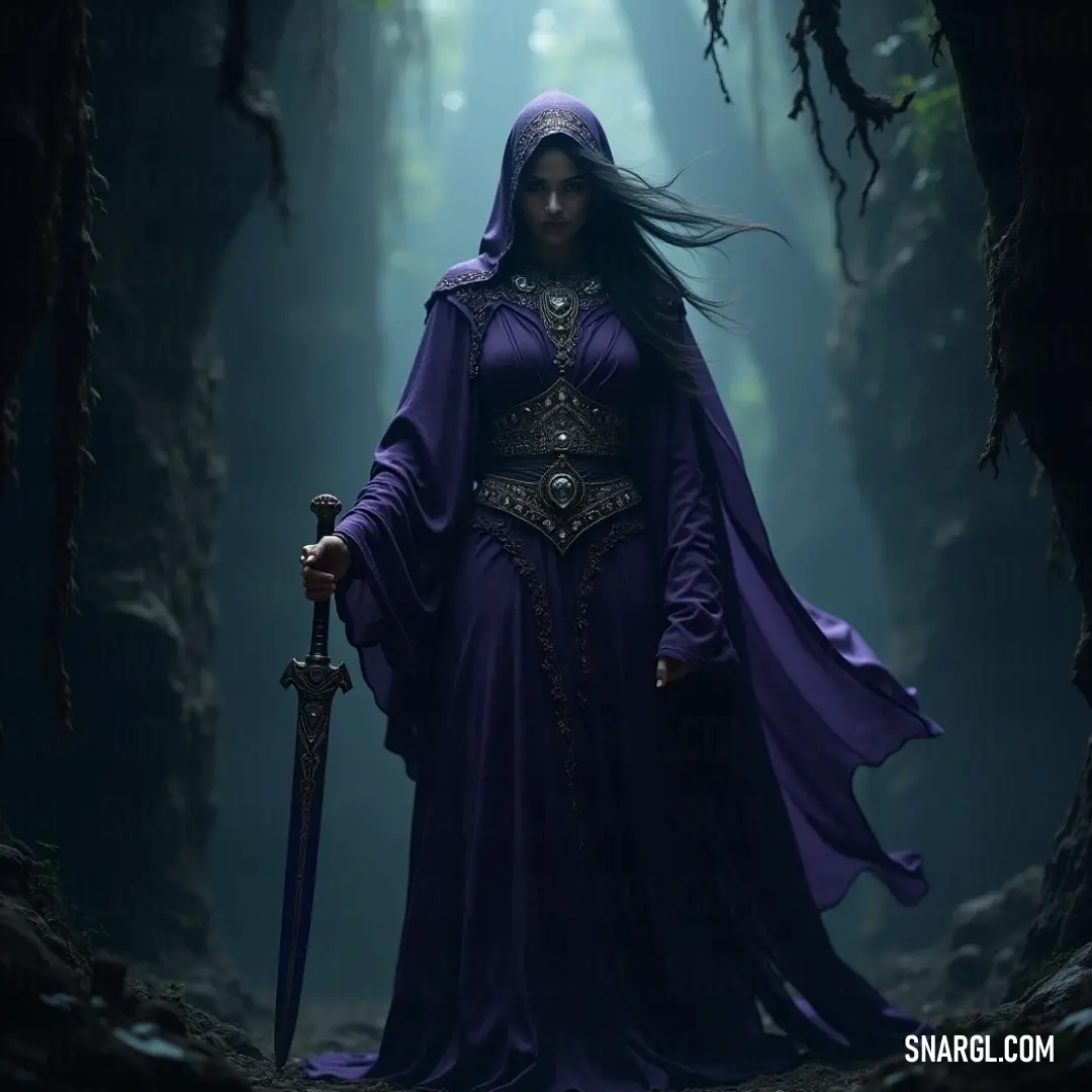 A fearless figure in a purple dress, gripping a sword, standing boldly within an enchanted forest teeming with ancient rocks and trees. In a dense forest filled with towering trees and ancient rocks, a determined figure in a rich purple dress wields a powerful sword, ready to face any challenges that lie ahead.