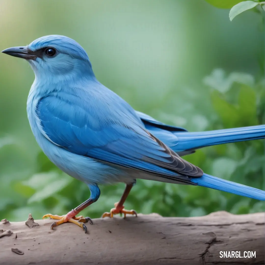 Blue Azure bird is perched on a branch in a forest area with green leaves and a blurry background