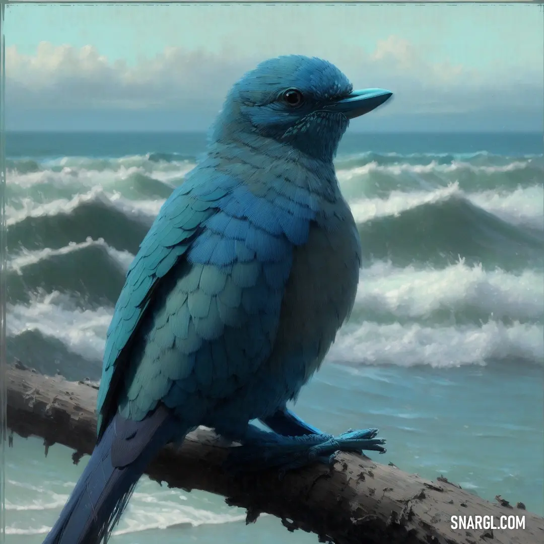 Blue bird on a branch in front of a body of water with waves in the background and a sky with clouds