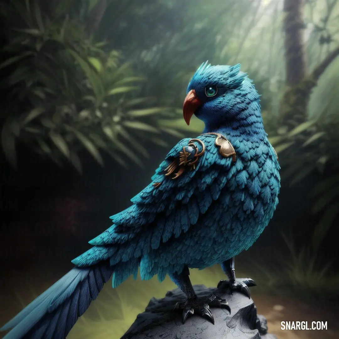 Blue bird with a red beak on a rock in a forest with trees and plants behind it