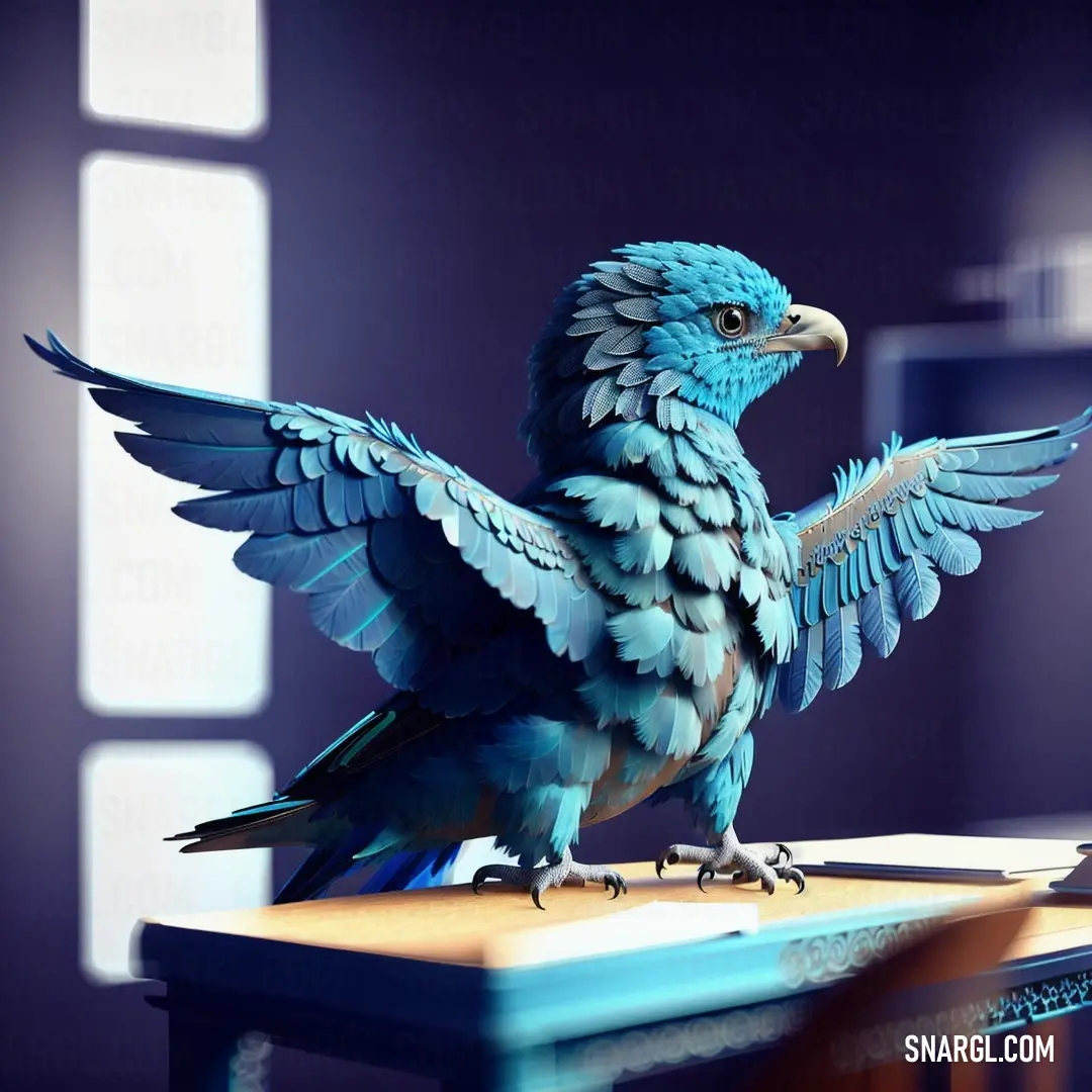 Blue bird with wings spread on a table top with a window in the background and a blue wall