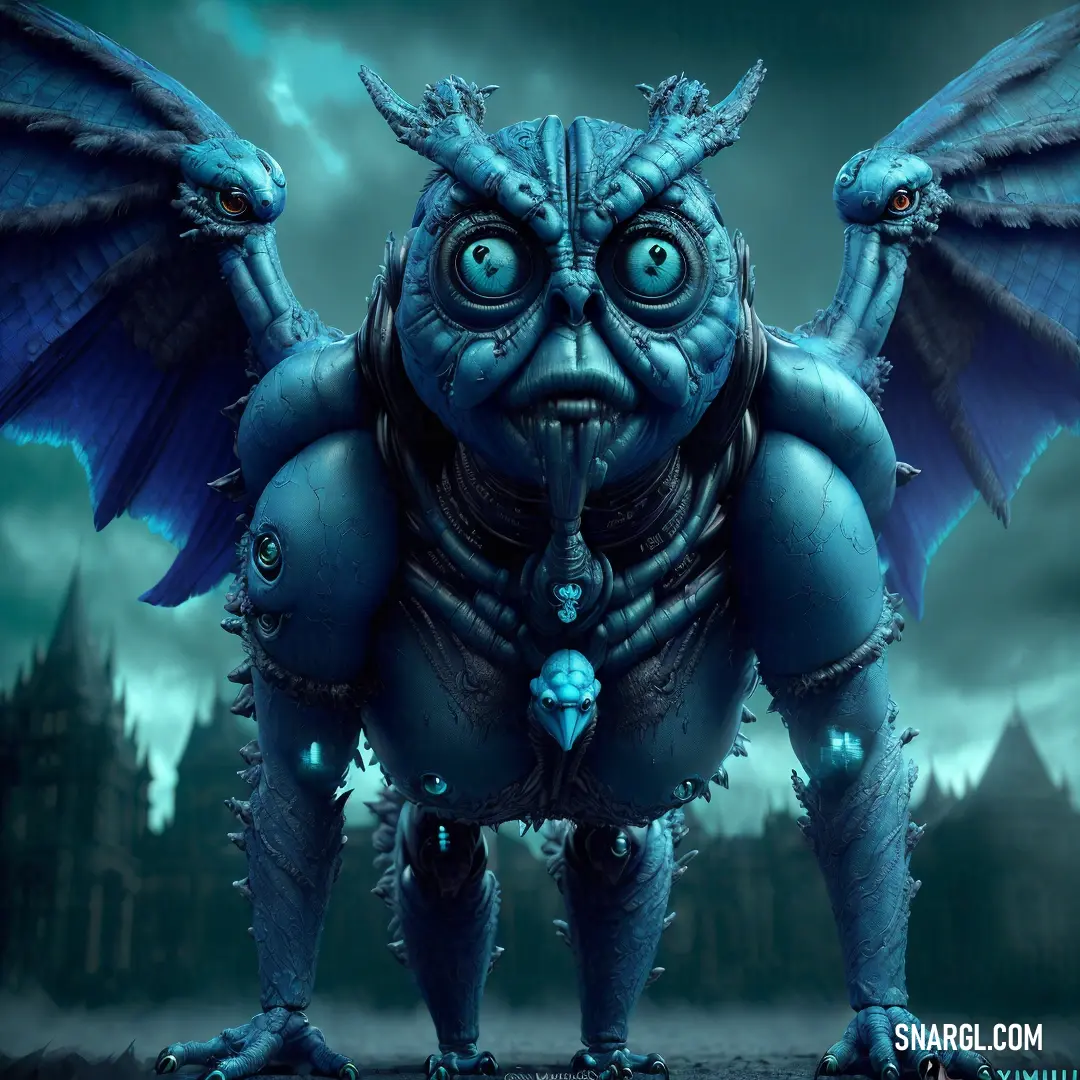 Blue creature with large wings standing in front of a castle with a clock tower in the background and a dark sky