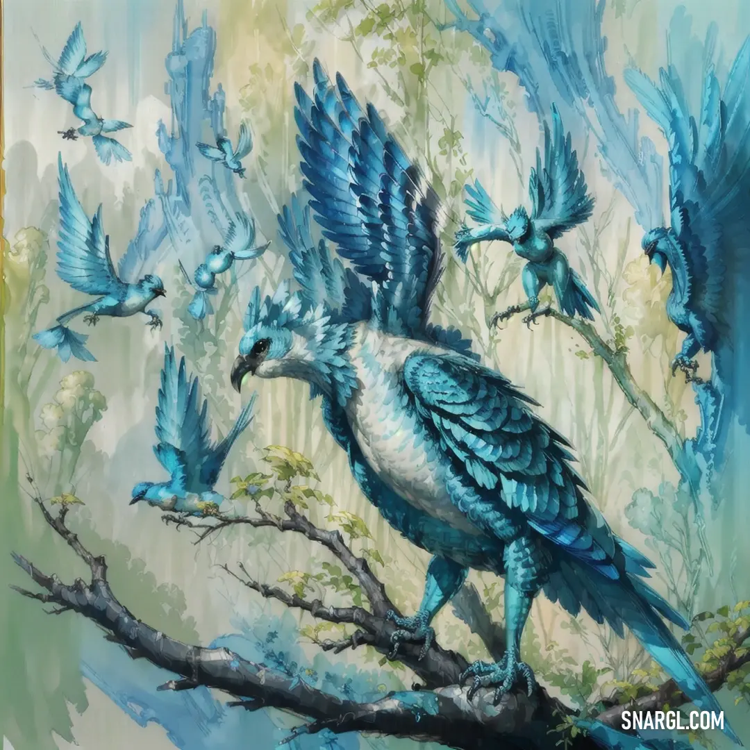 Painting of a blue bird on a tree branch with many blue birds flying around it and a blue sky background