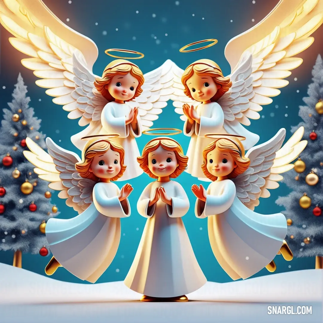 Group of angels standing next to each other on a snowy surface with christmas trees in the background. Color CMYK 6,0,0,0.