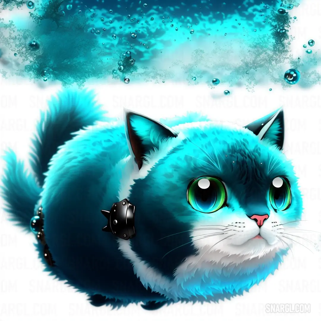 Blue cat with green eyes and a black nose is in the snow with bubbles of water behind it