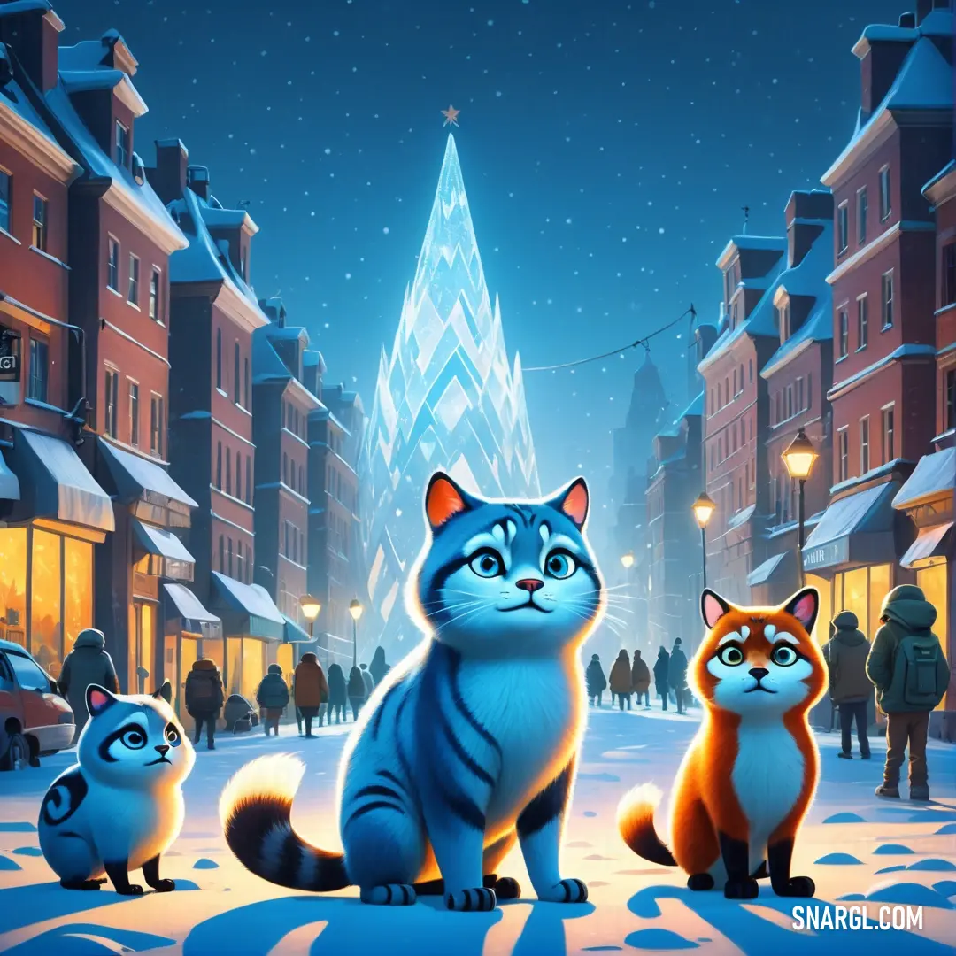 Cat and two kittens are in the snow in front of a city street at night with people walking by. Example of CMYK 6,0,0,0 color.