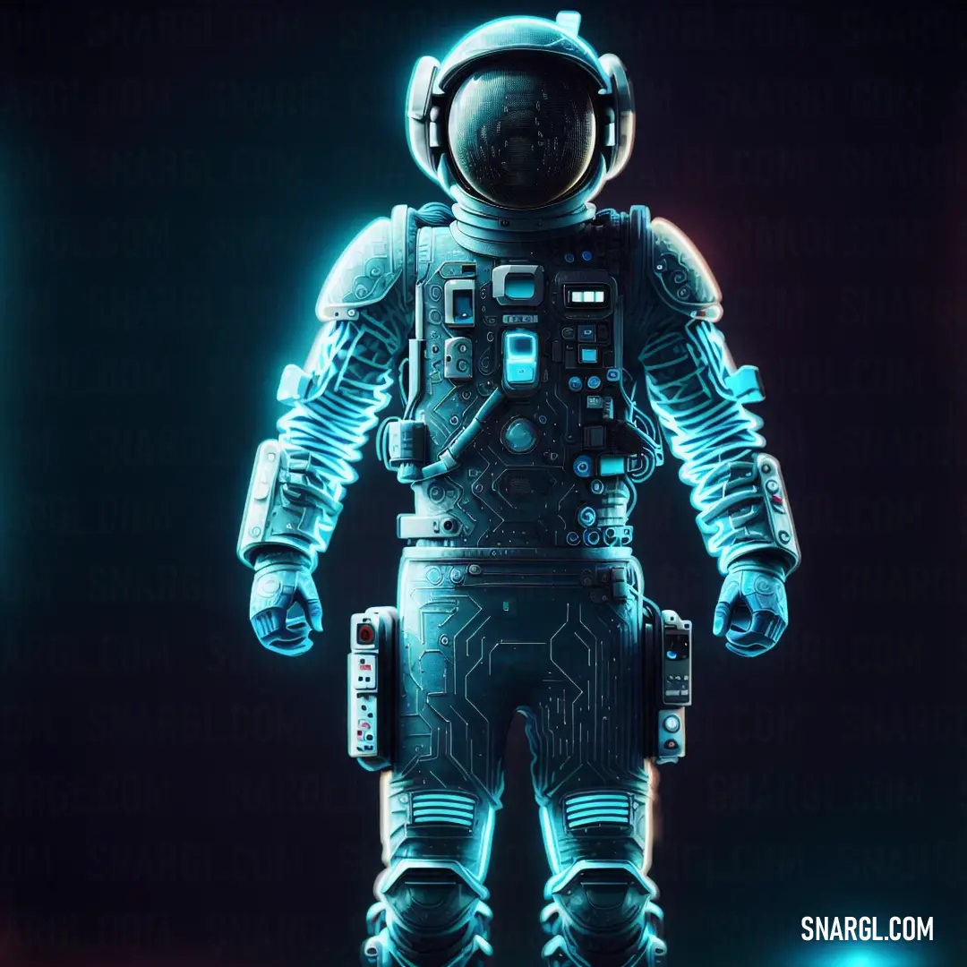 Futuristic space suit with a helmet and a body made of metal and blue lights on a black background