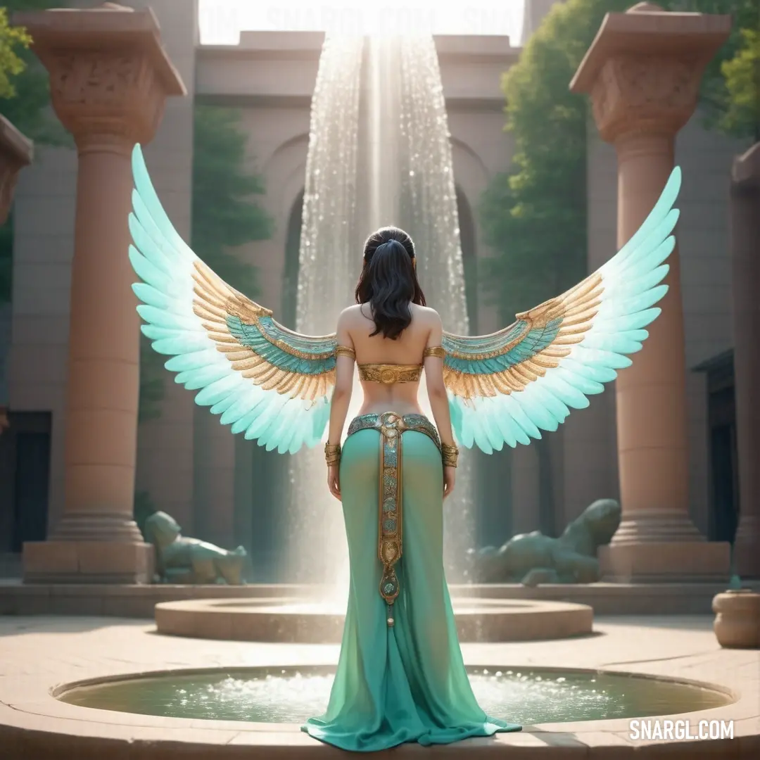 Woman with wings standing in front of a fountain with water pouring from it's sides and a fountain behind her. Example of CMYK 6,0,0,0 color.