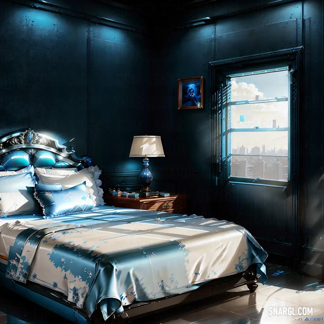 Bed with a blue comforter and a night stand with a lamp on it in a dark room