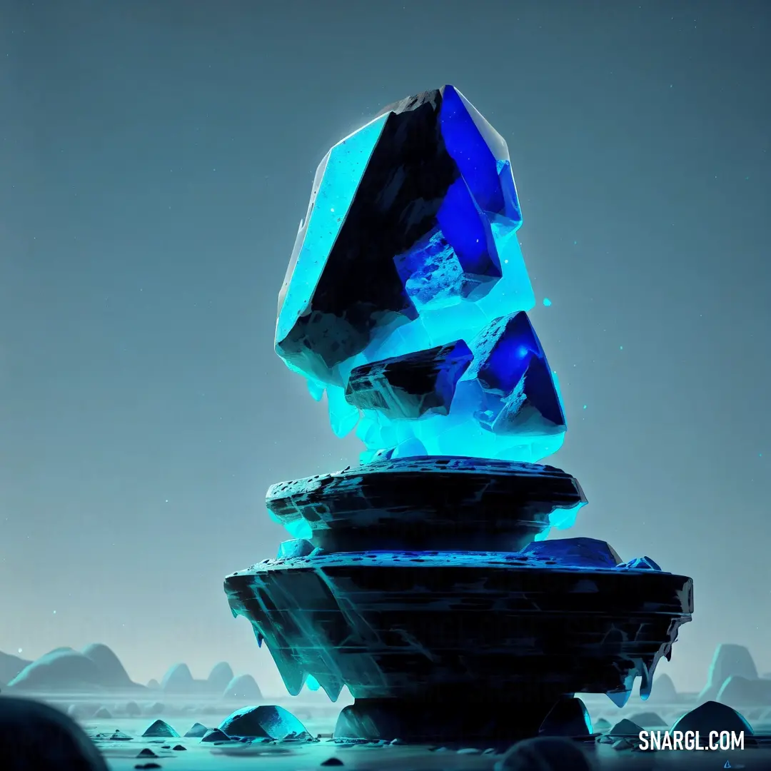 Blue crystal tower with a blue light on top of it and a blue sky in the background with rocks and ice