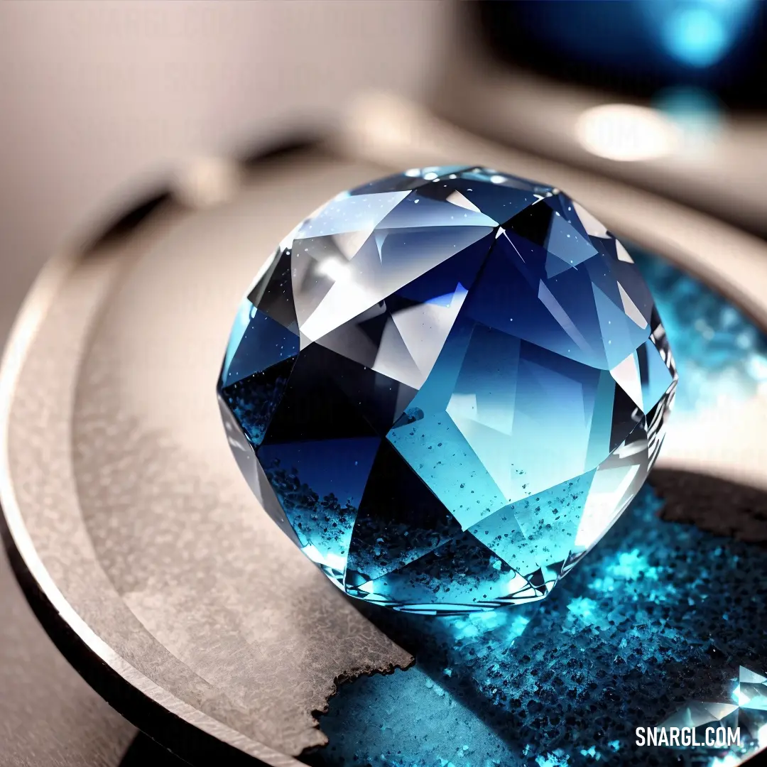 Blue diamond on top of a metal tray on a table top with a mirror behind it and a cell phone in the background