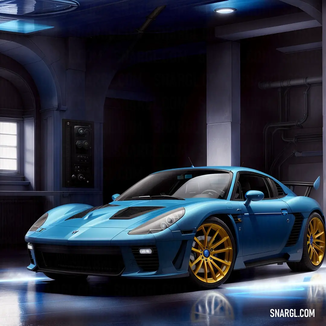 Blue sports car parked in a garage with yellow rims and yellow wheels on it's tires