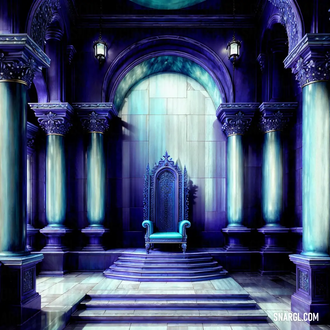 Blue throne in a purple room with columns and a light blue chair in the middle of the room