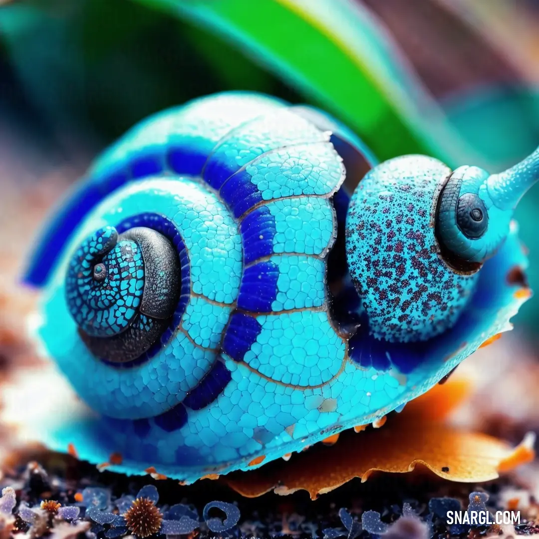Close up of a blue snail on a leafy surface with a green leaf in the background