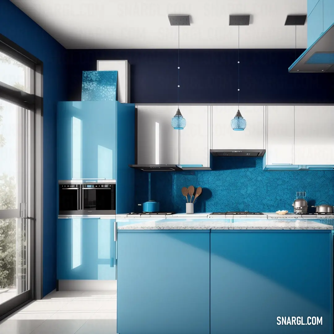 Kitchen with blue and white cabinets and a window with a view of the outside of the room and a sink