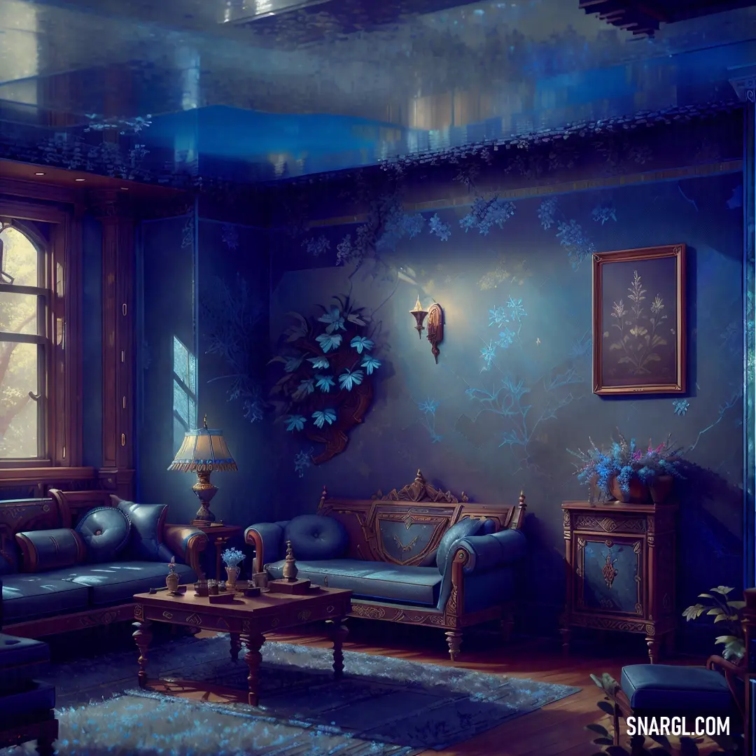 Living room with blue walls and a blue couch and chair and a table with a vase on it