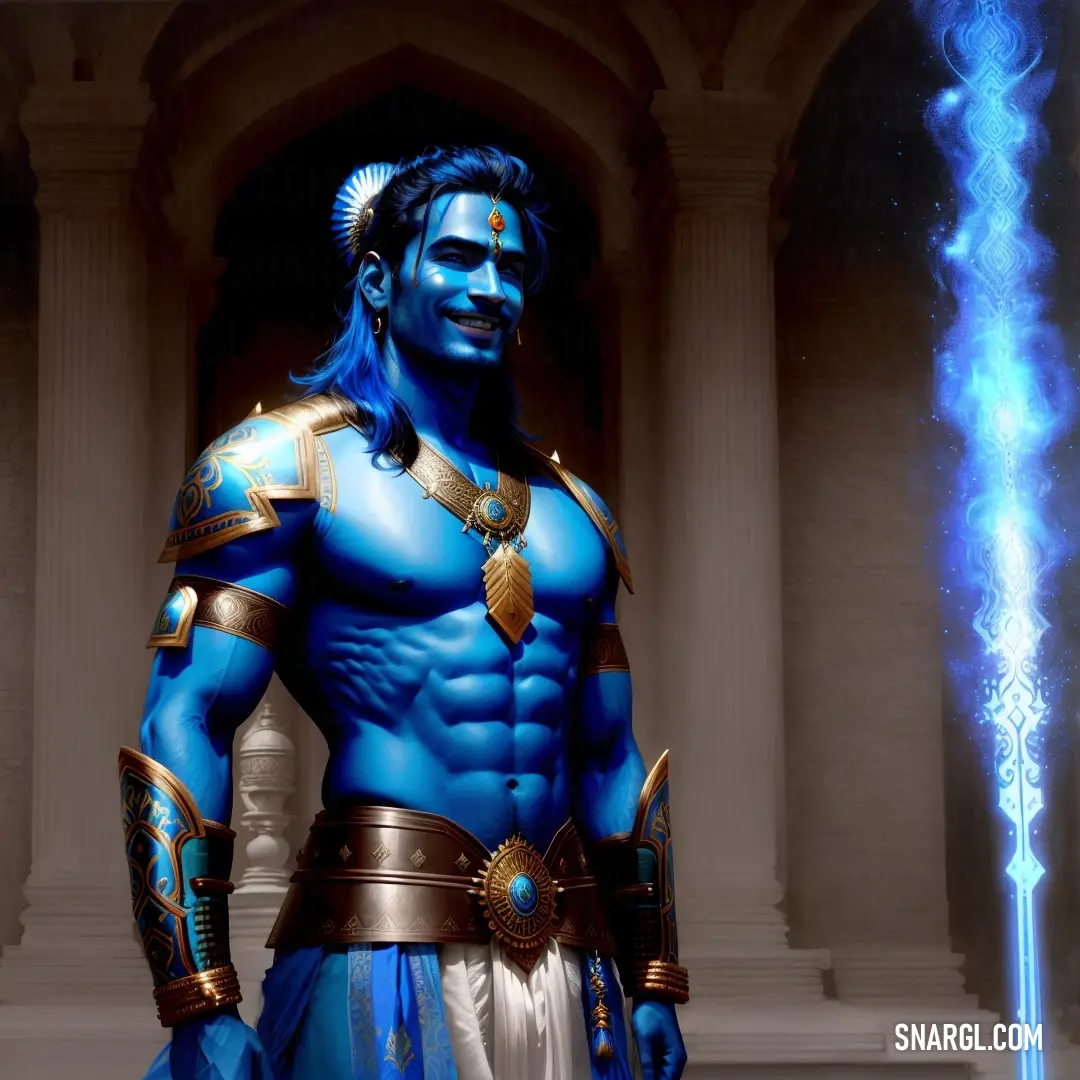 Man dressed in blue and gold with a sword in his hand