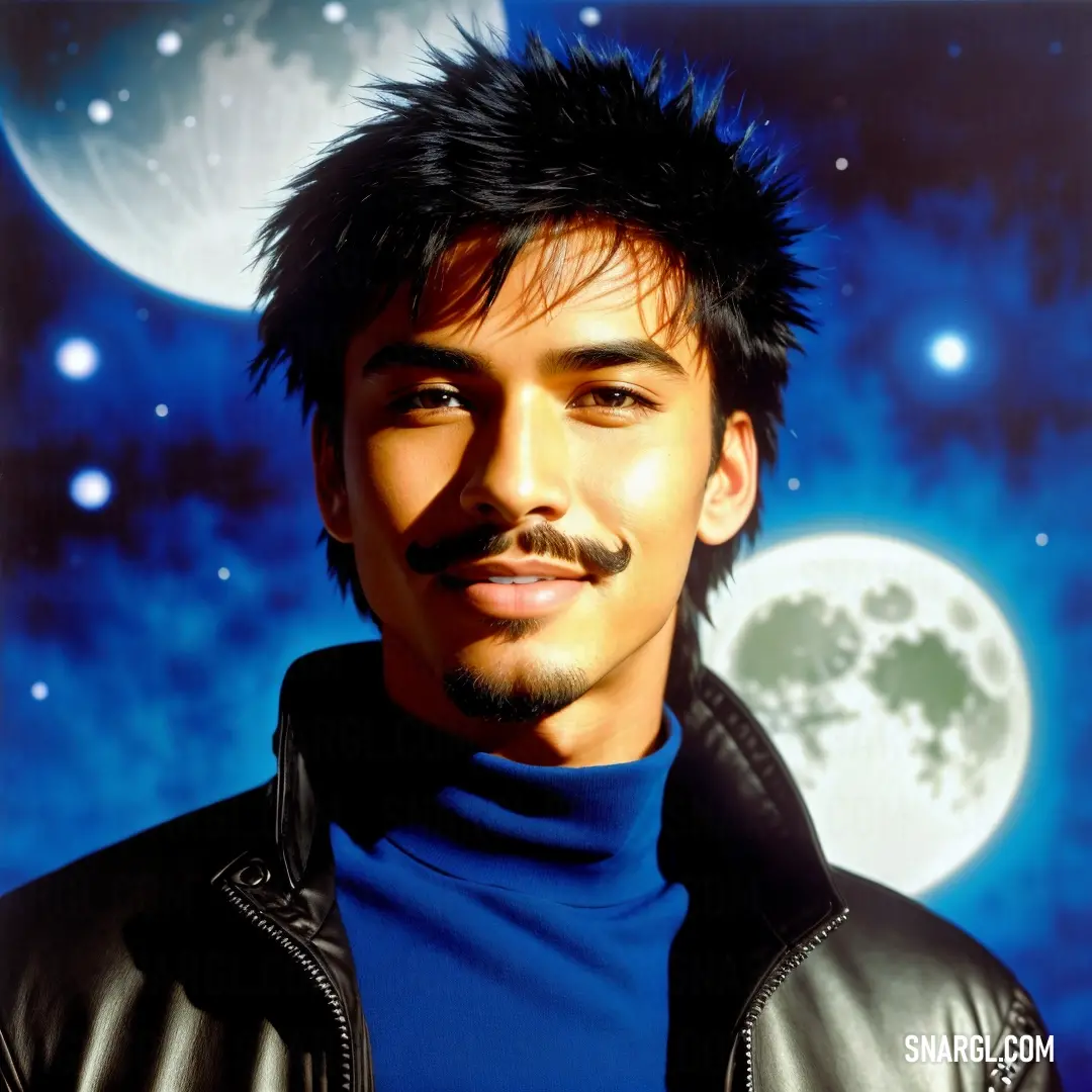 Man with a moustache and a goatee in front of a full moon and stars background