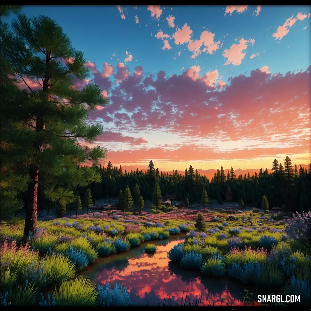 Painting of a beautiful sunset over a forest with a stream running through it and trees in the background