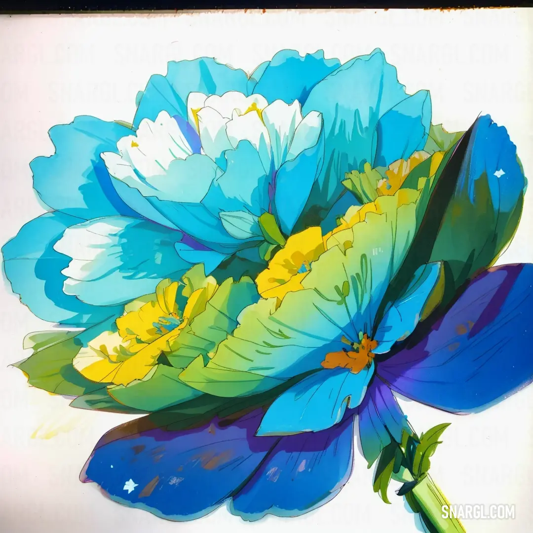 Painting of a blue flower with yellow and white petals on it's petals and a green stem