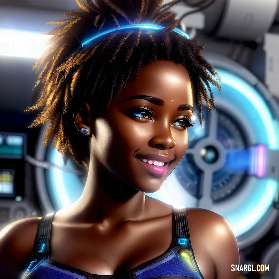 Woman with dreadlocks and a blue bra top smiling at the camera with a sci - fi fi background